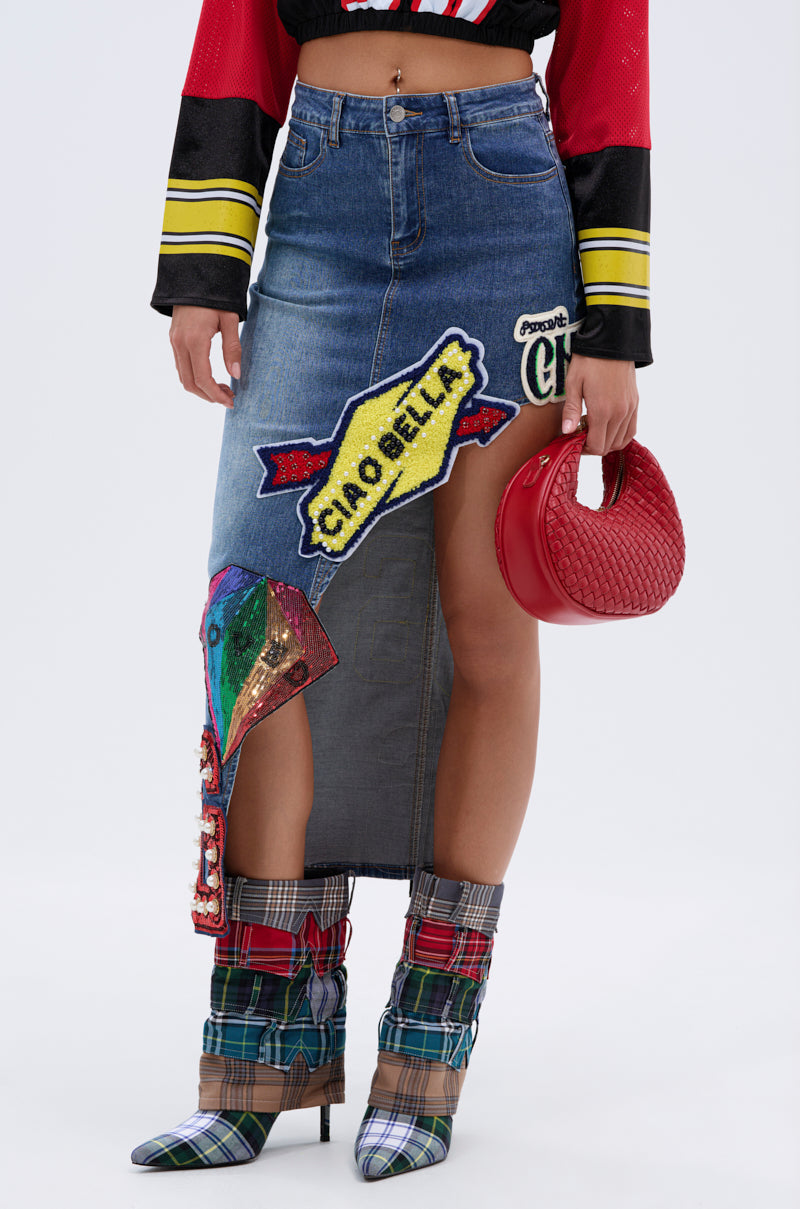 VARSITY SQUAD DENIM GRAPHIC MIDI SKIRT