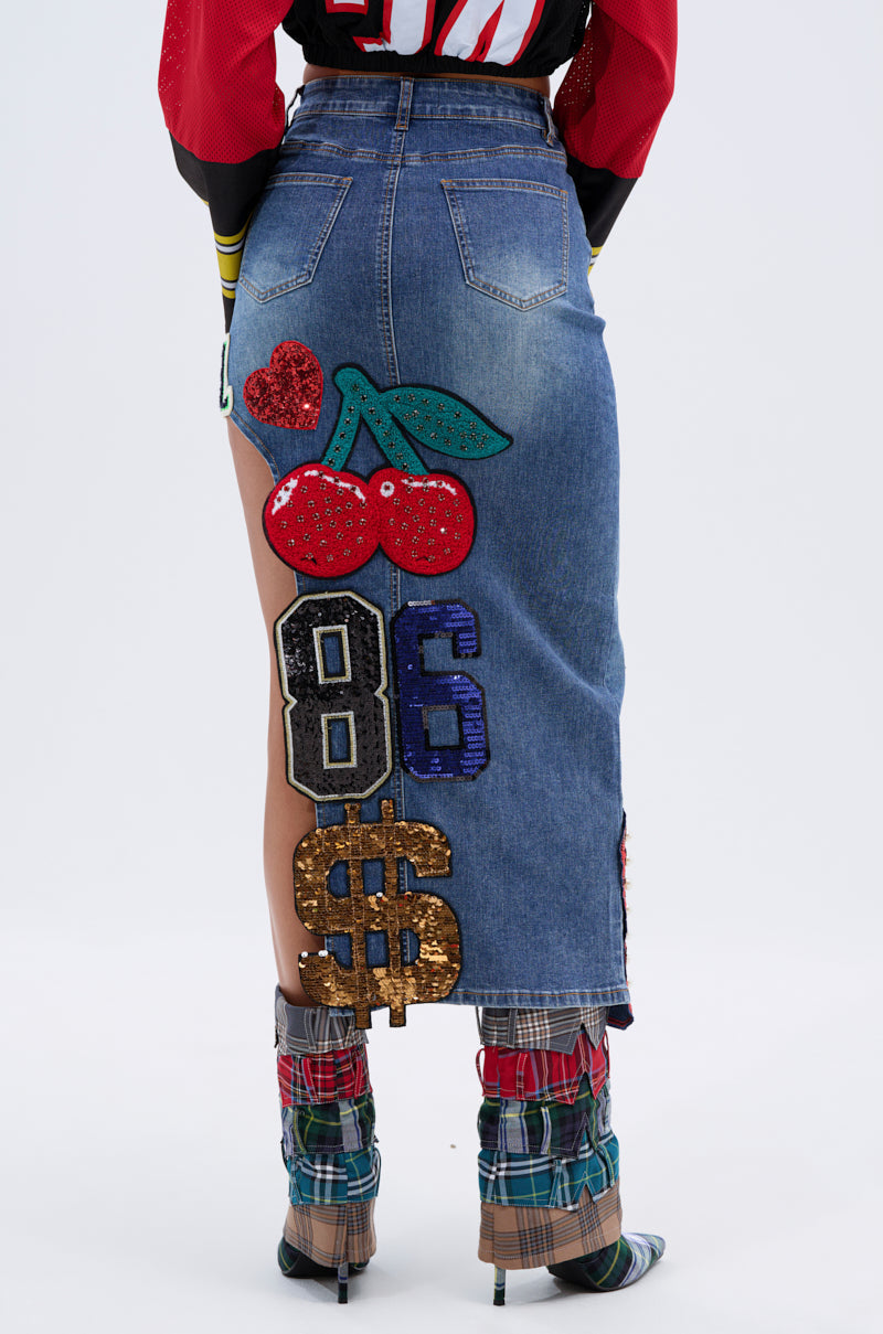 VARSITY SQUAD DENIM GRAPHIC MIDI SKIRT