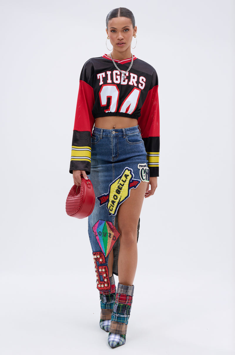 VARSITY SQUAD DENIM GRAPHIC MIDI SKIRT