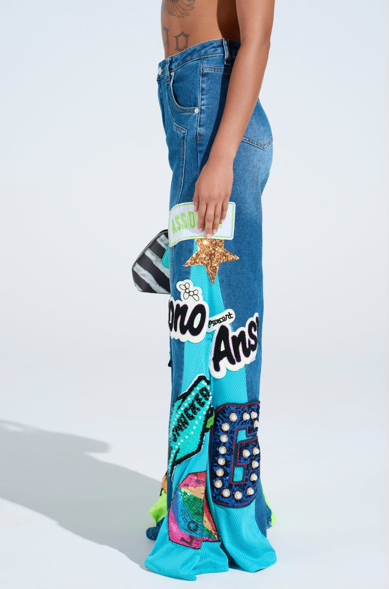 NOT SORRY PATCHWORK MEDIUM BLUE DENIM JEANS