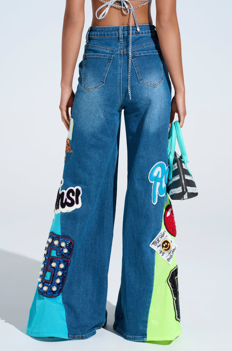NOT SORRY PATCHWORK MEDIUM BLUE DENIM JEANS