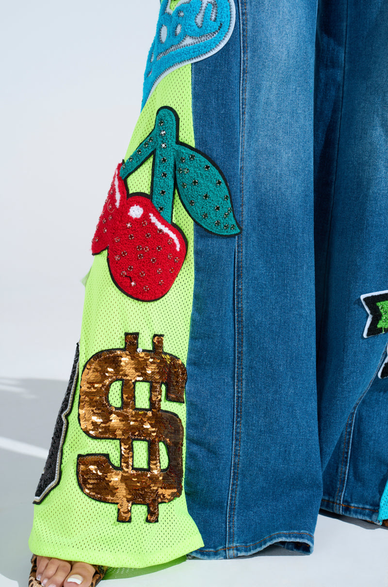 NOT SORRY PATCHWORK MEDIUM BLUE DENIM JEANS