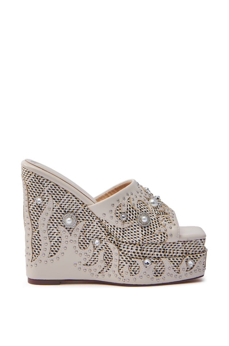 AZALEA WANG APPOLONIA BEIGE TWEED EMBELLISHED WEDGE SANDAL