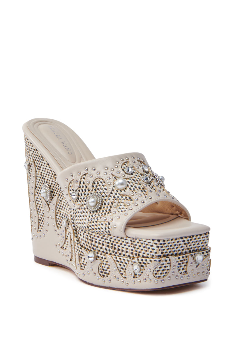 AZALEA WANG APPOLONIA BEIGE TWEED EMBELLISHED WEDGE SANDAL