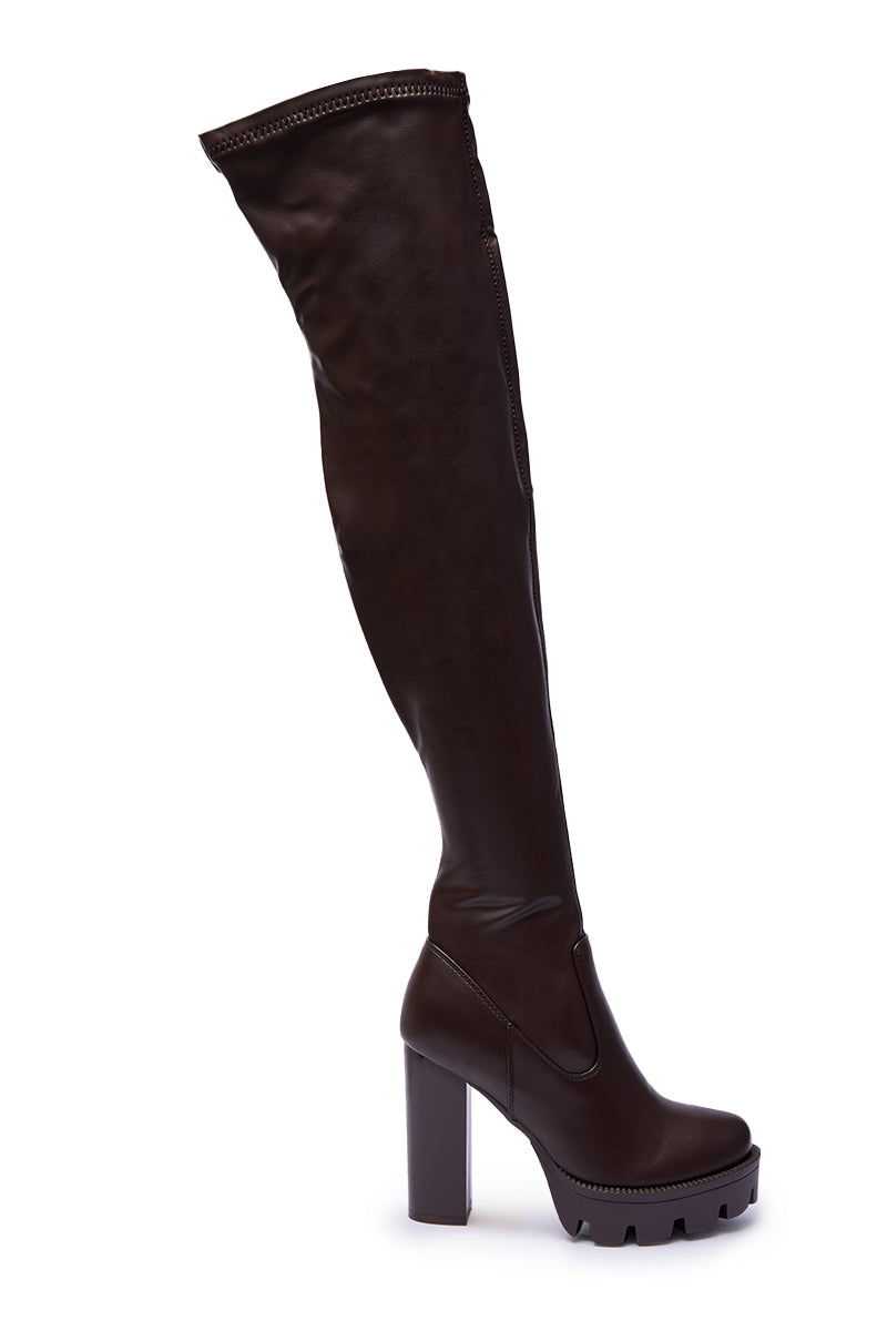 AZALEA WANG ASHLAND CHOCOLATE STRETCH PU CHUNKY THIGH-HIGH BOOT