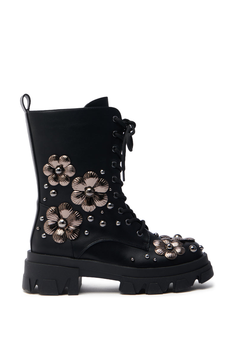 AZALEA WANG ORQUIDEA BLACK FLORAL EMBELLISHED COMBAT BOOTIE