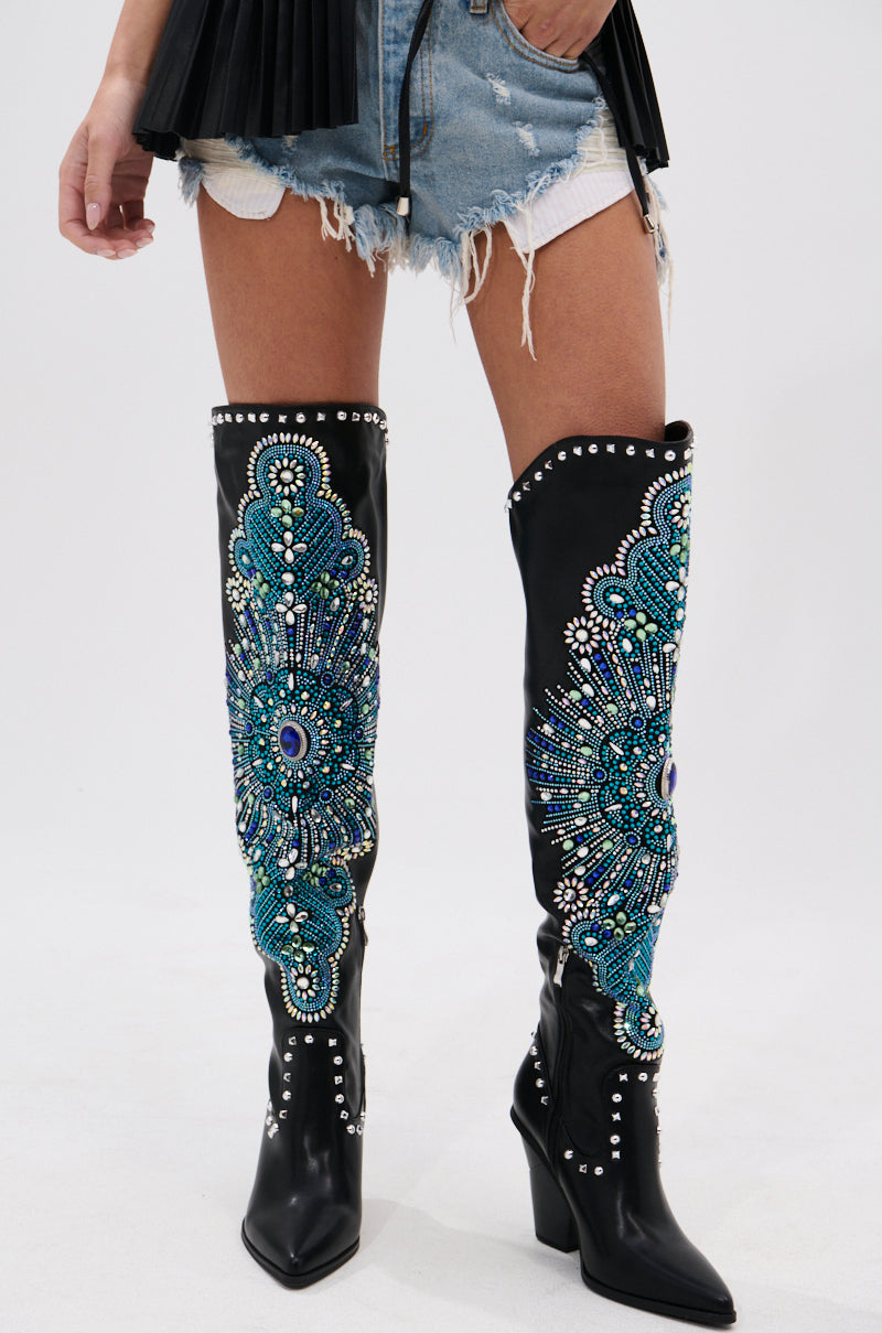 AZALEA WANG AXELBEAT BLACK EMBELLISHED WESTERN BOOT