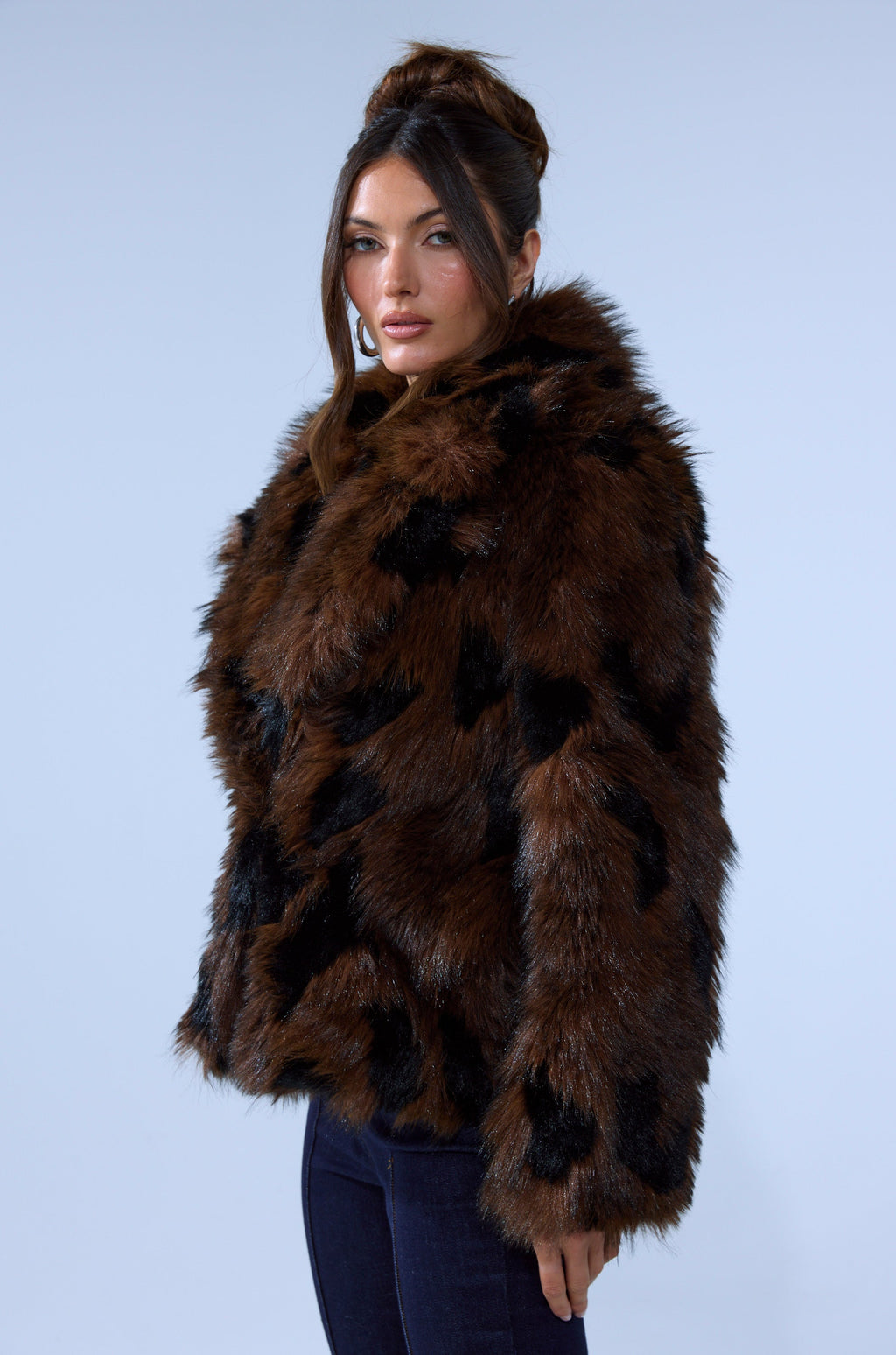 SHORTIE FUR COAT IN BROWN MULTI