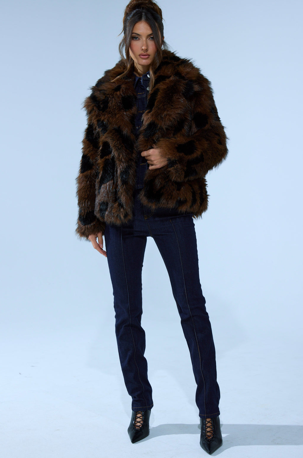 SHORTIE FUR COAT IN BROWN MULTI