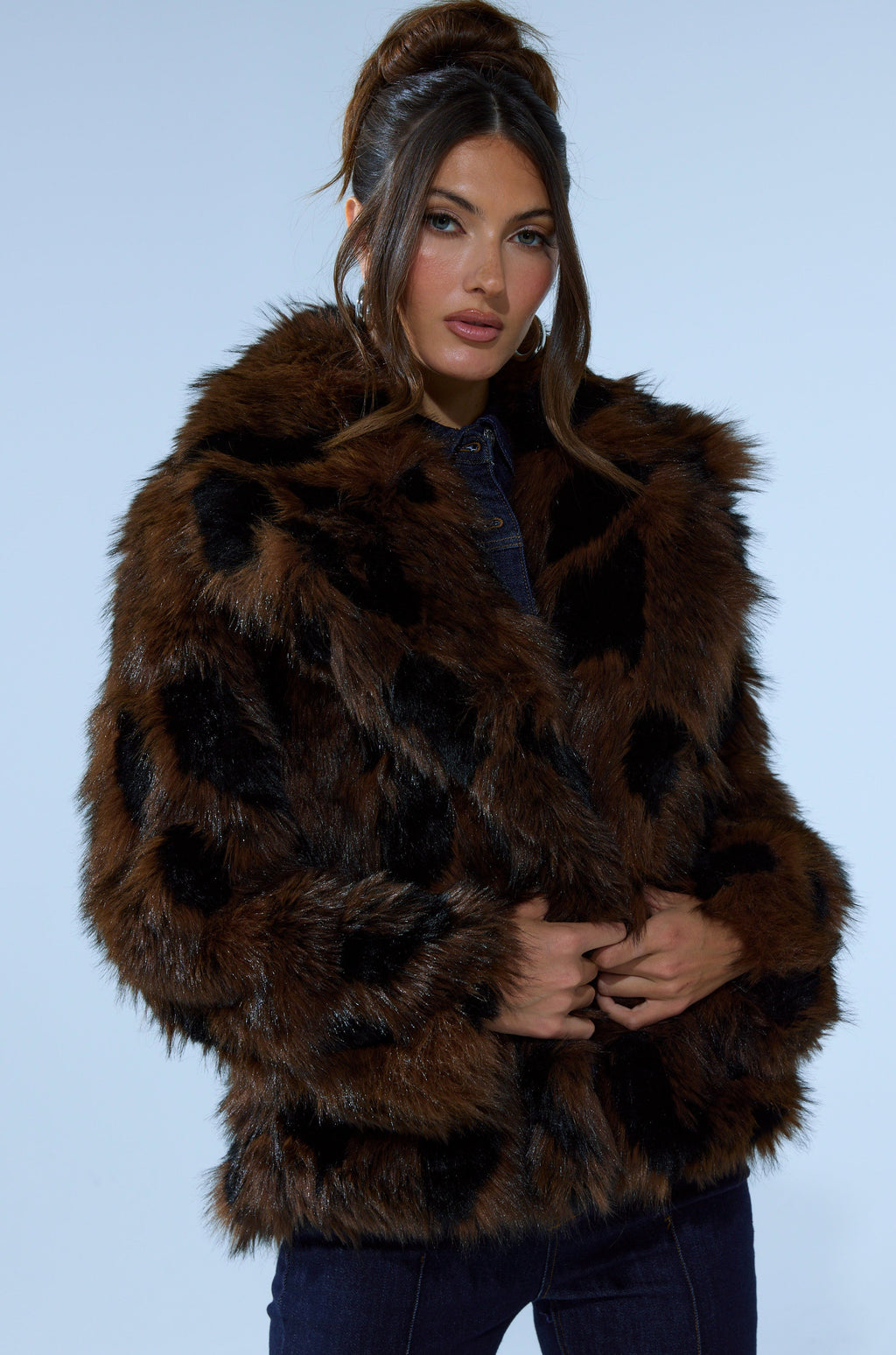 SHORTIE FUR COAT IN BROWN MULTI