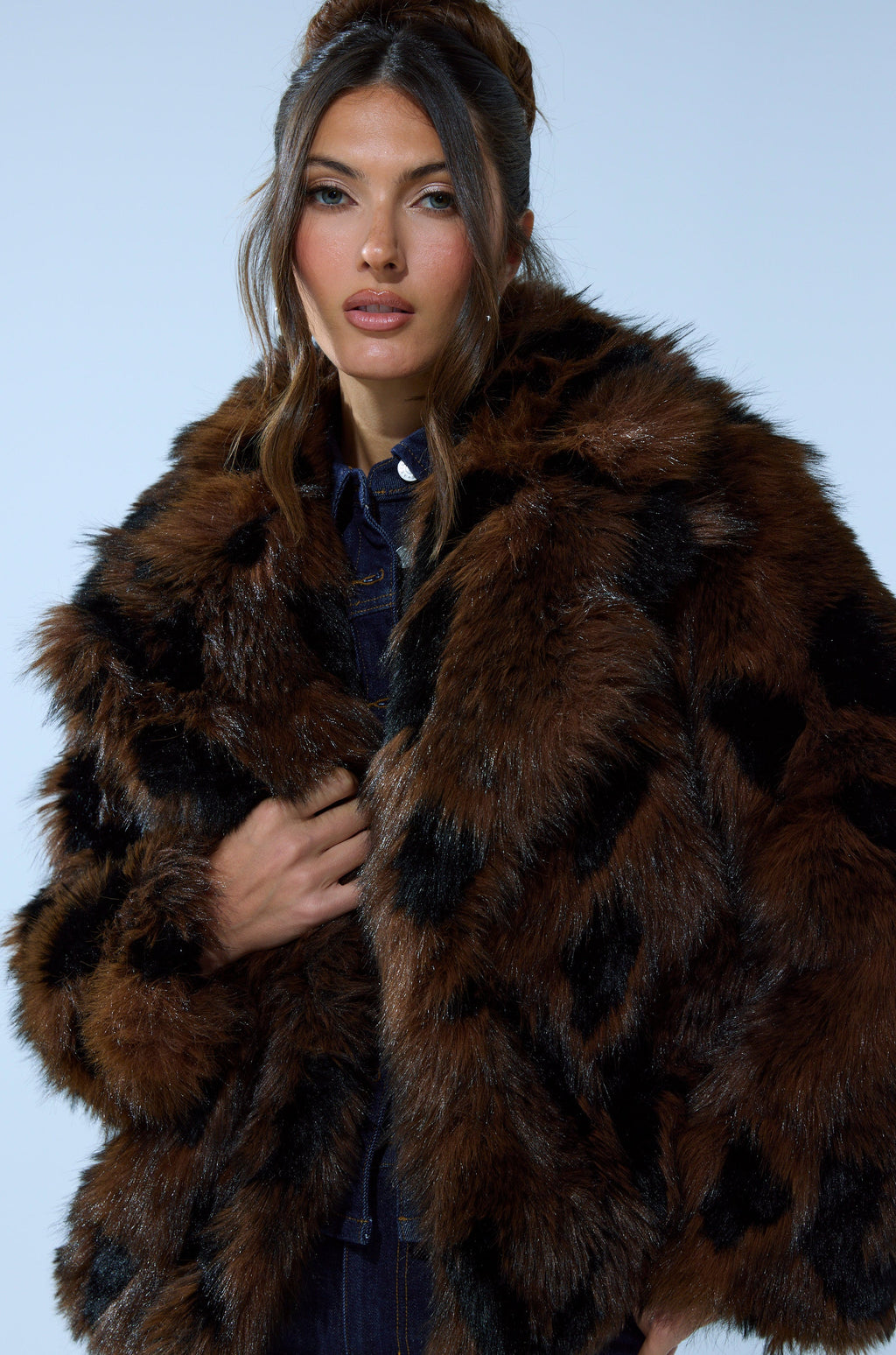 SHORTIE FUR COAT IN BROWN MULTI