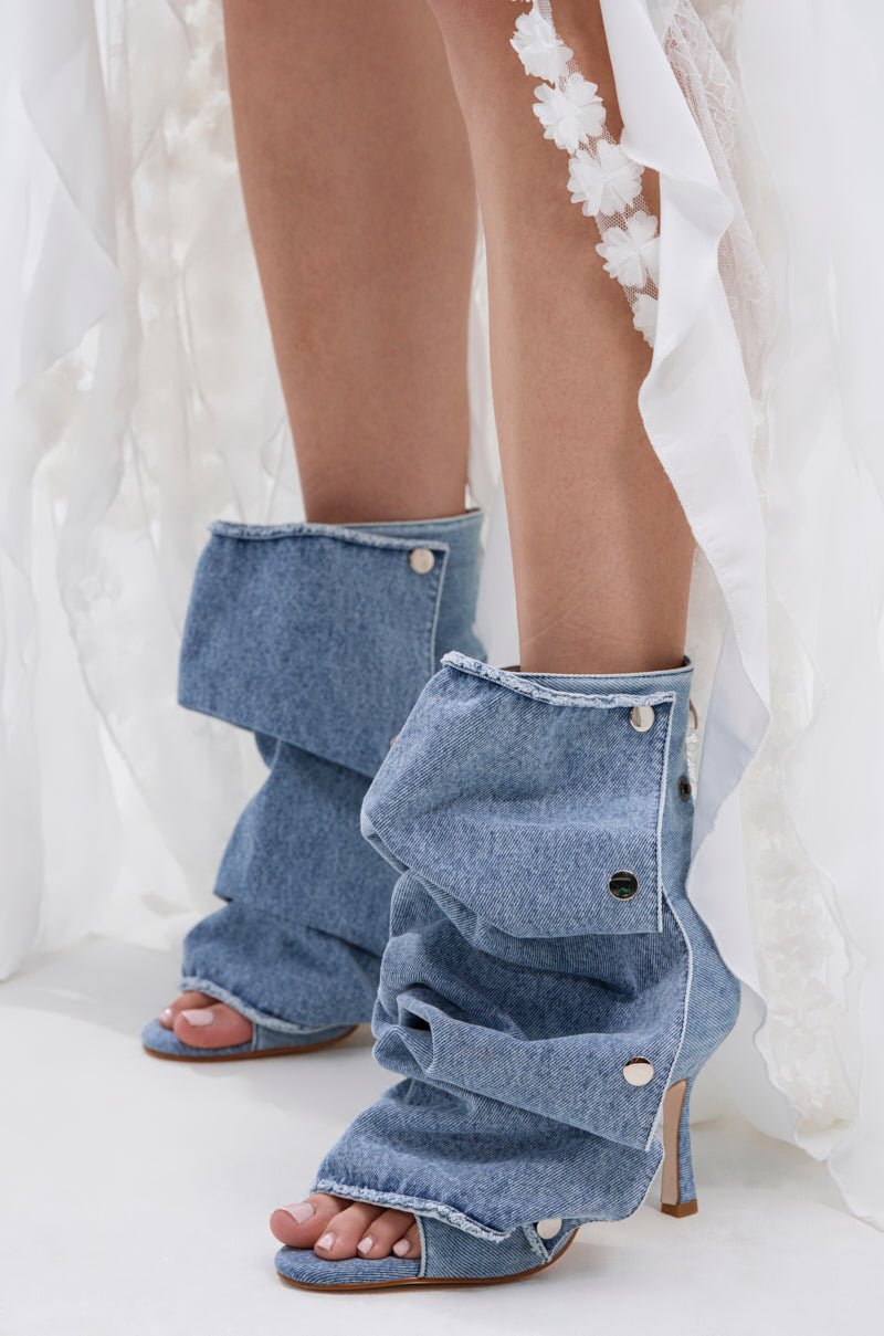AZALEA WANG BIRD SONG DENIM OPEN TOE SNAP BOOTIE