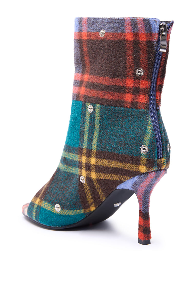 AZALEA WANG BIRD SONG PLAID MULTI OPEN TOE SNAP BOOTIE
