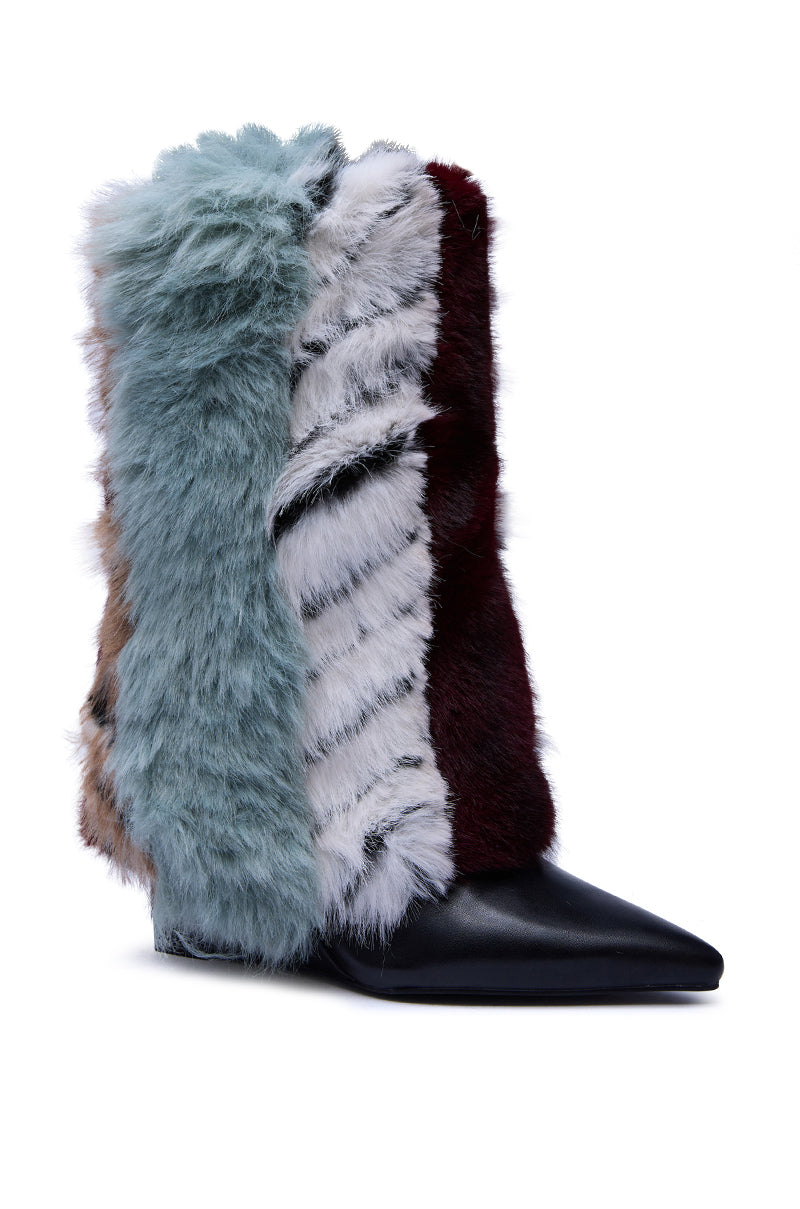 AZALEA WANG BRIASH BLUE MULTI FUR HIDDEN WEDGE BOOTIE