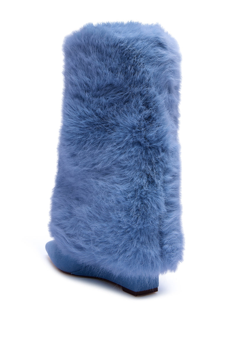 AZALEA WANG BRIASH DENIM FUR HIDDEN WEDGE BOOTIE