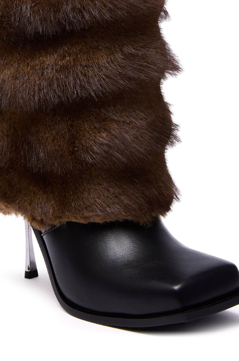 AZALEA WANG CHINMAYI BROWN FUR CUFF SQUARE TOE STILETTO BOOTIE