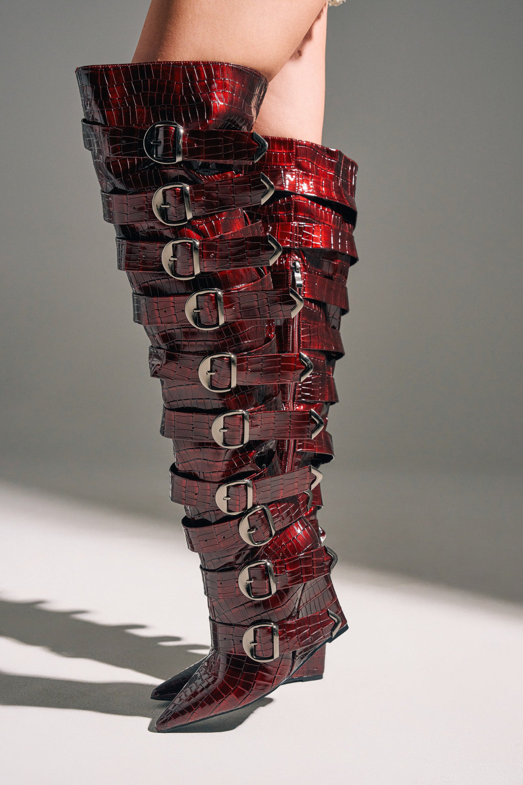 AZALEA WANG CINZIA RED WEDGE BOOT WITH BUCKLE DETAIL