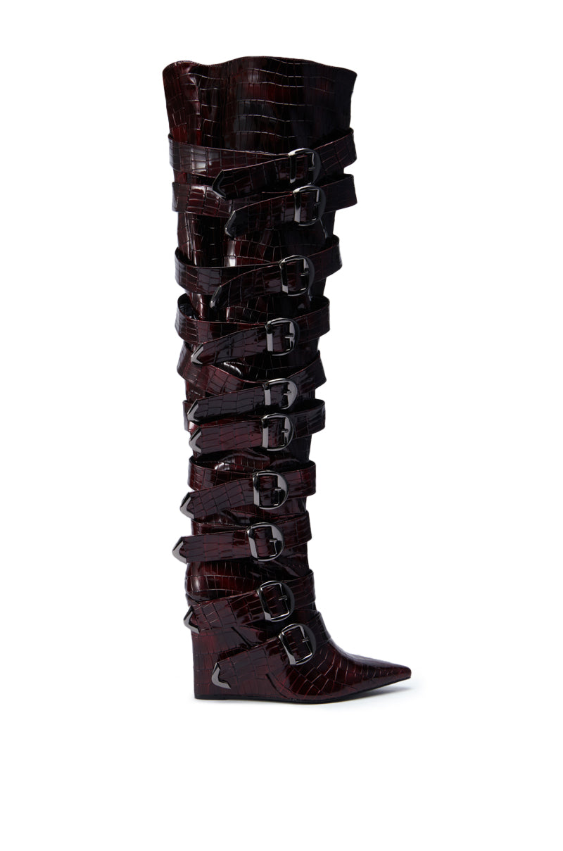 AZALEA WANG CINZIA RED WEDGE BOOT WITH BUCKLE DETAIL