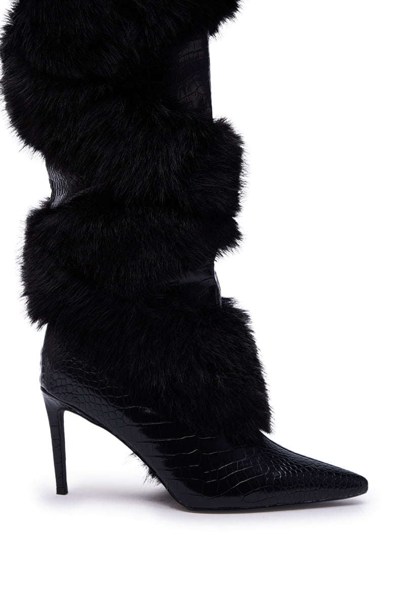 AZALEA WANG CONRADDE BLACK MIXED MATERIAL FUR AND SNAKE STILETTO BOOT