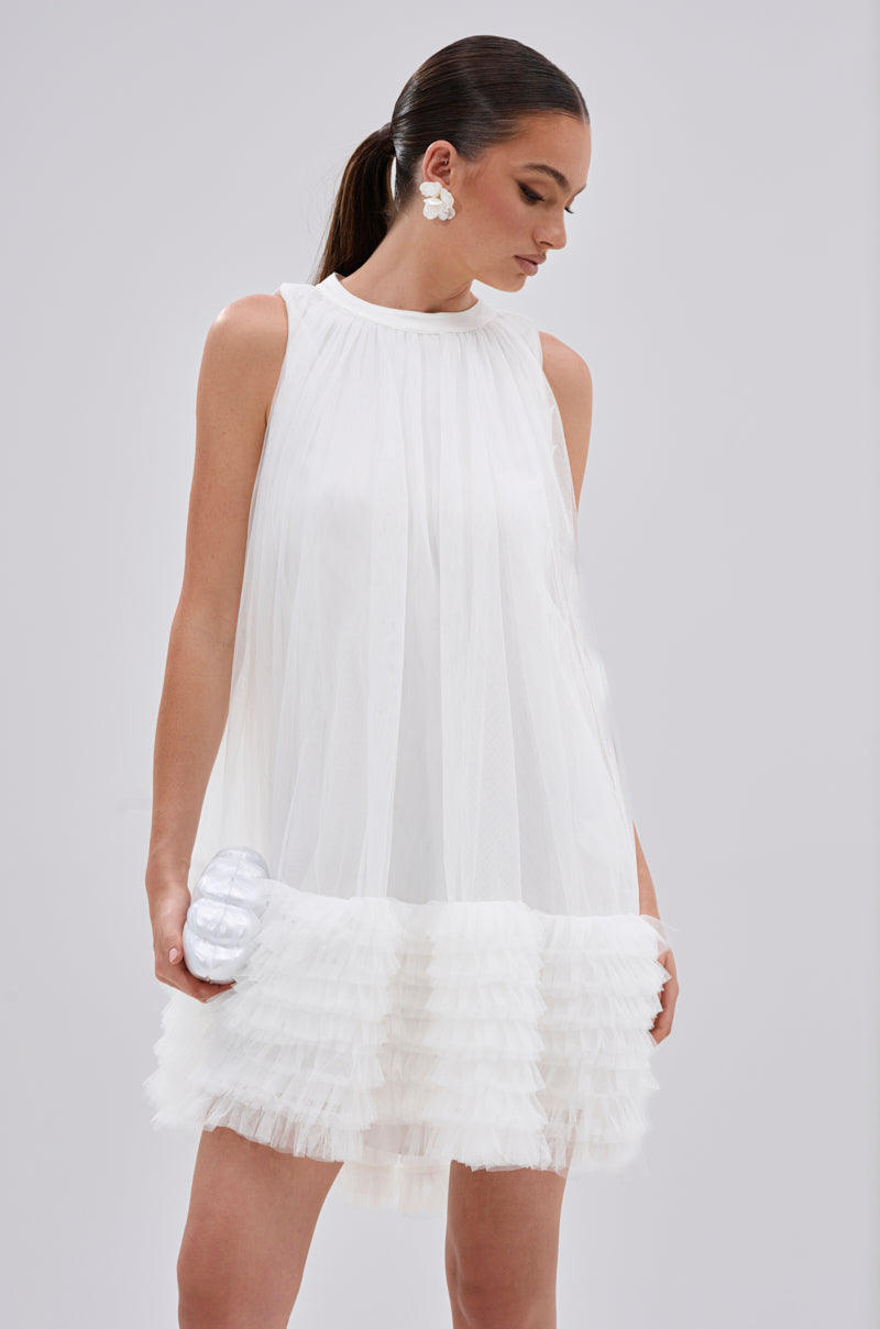 ARI TULLE RUFFLE MINI DRESS IN WHITE