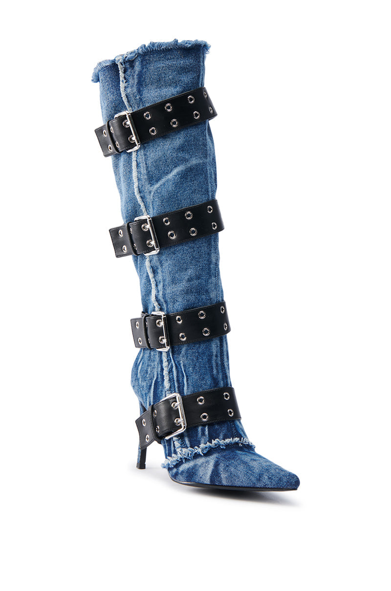 AZALEA WANG DANDY DENIM LEATHER BELTED BOOT