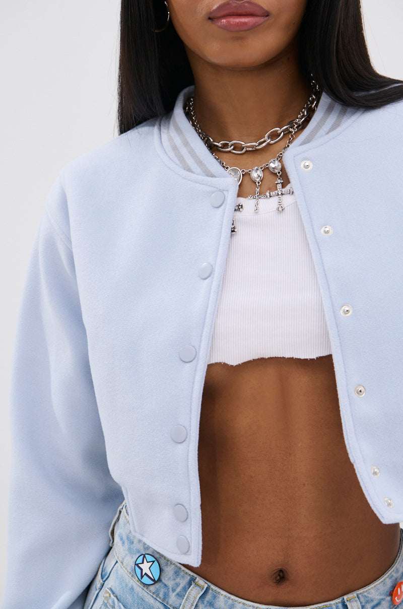 DAVIS EVERYDAY VARSITY BOMBER IN LIGHT BLUE