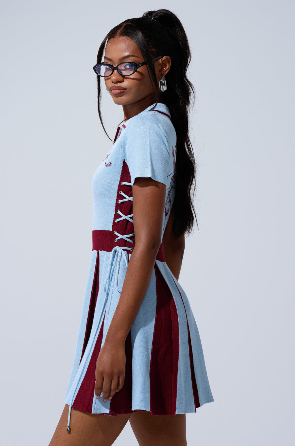 DREKE KNIT MINI DRESS IN BLUE AND BURGUNDY