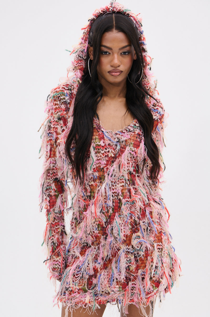 DAYDREAMING FRINGE MINI DRESS WITH A HOOD