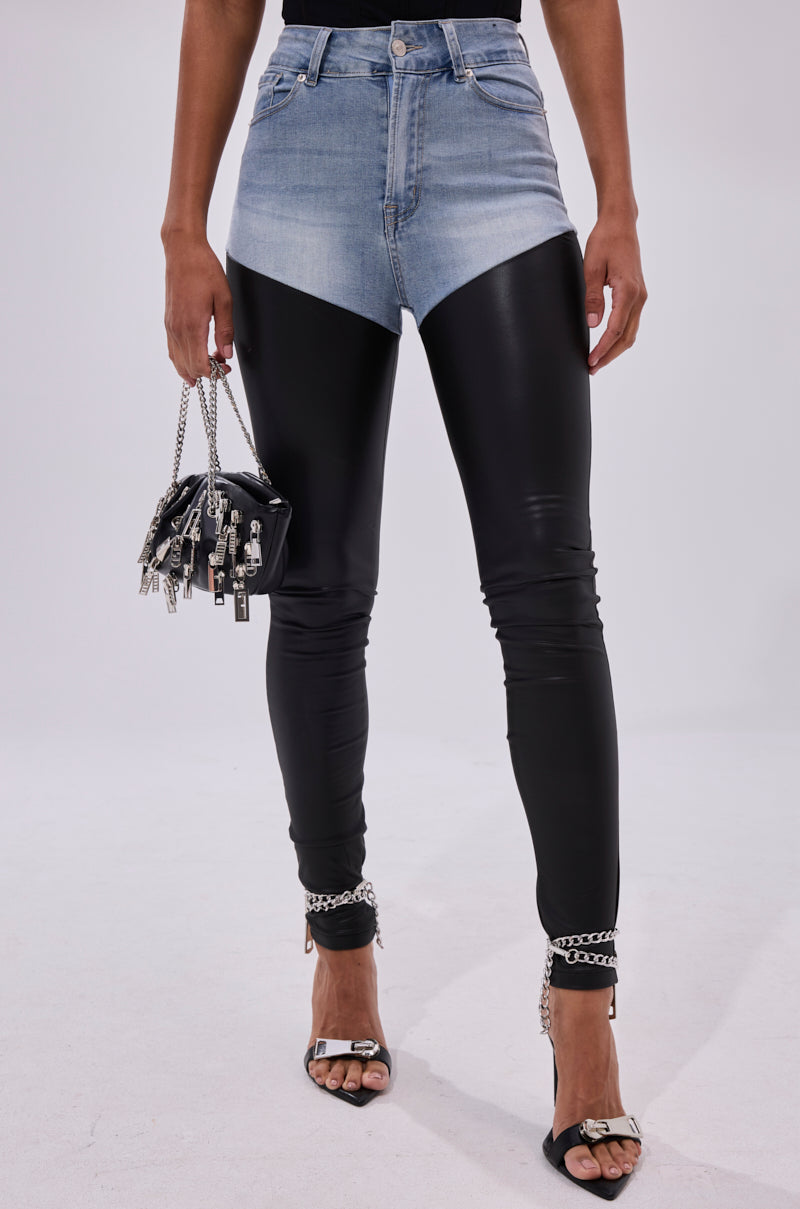 FLEX FIT EXTREME STRETCH HIGH WAIST SKINNY JEANS WITH FAUX LEATHER
