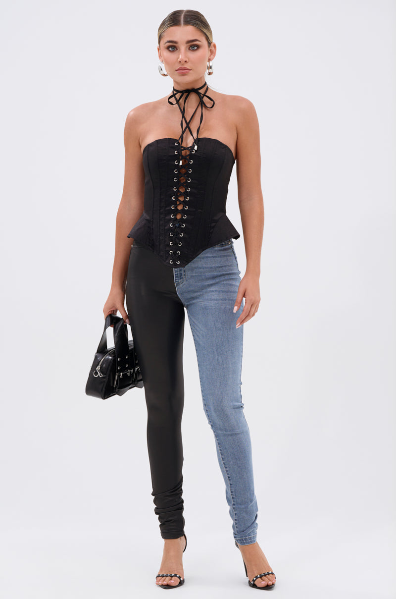 FLEX FIT EXTREME STRETCH HALF AND HALF PU HIGH WAIST SKINNY JEAN