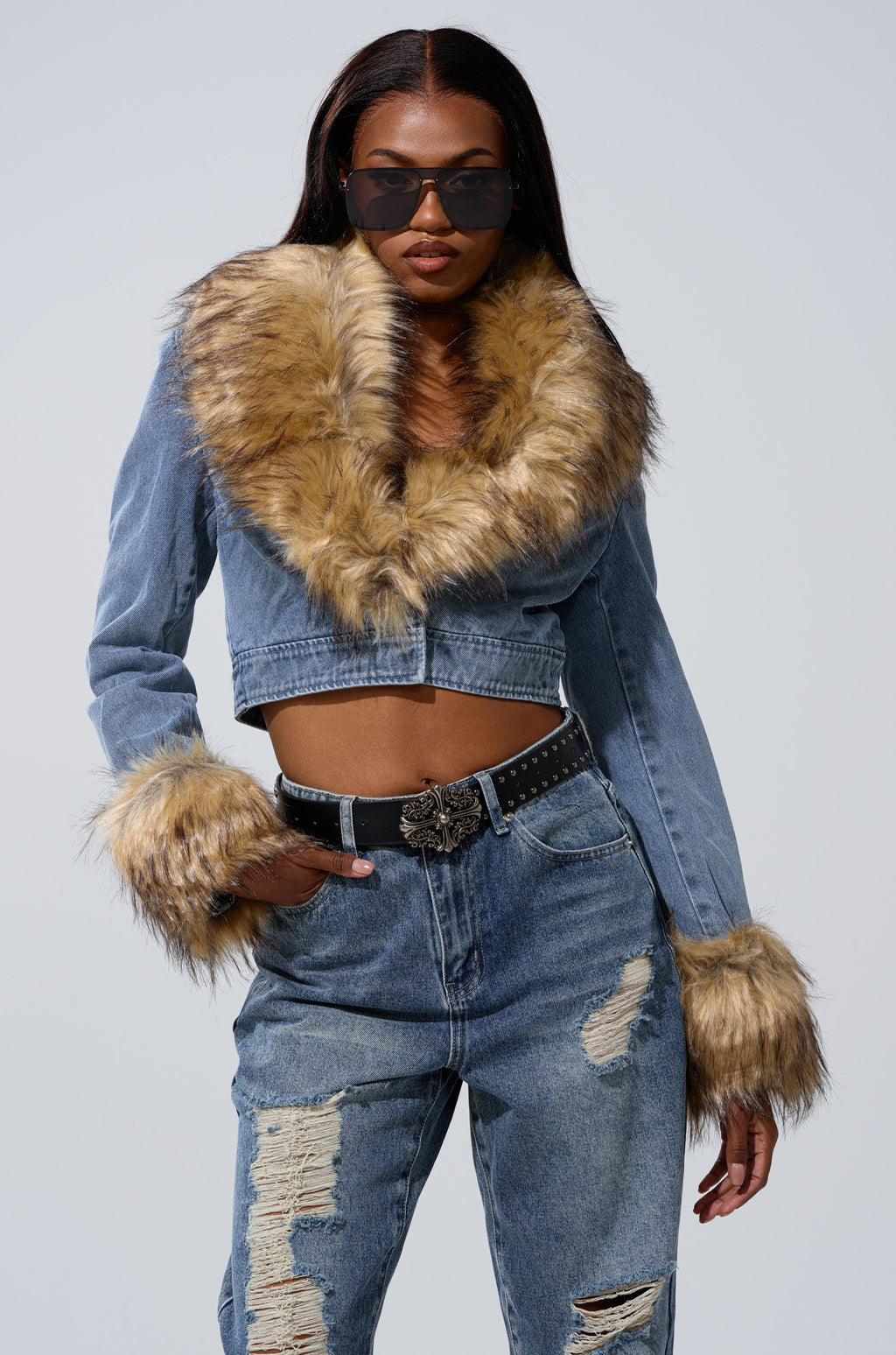 NEW GISELE CROPPED FUR TRIM JACKET