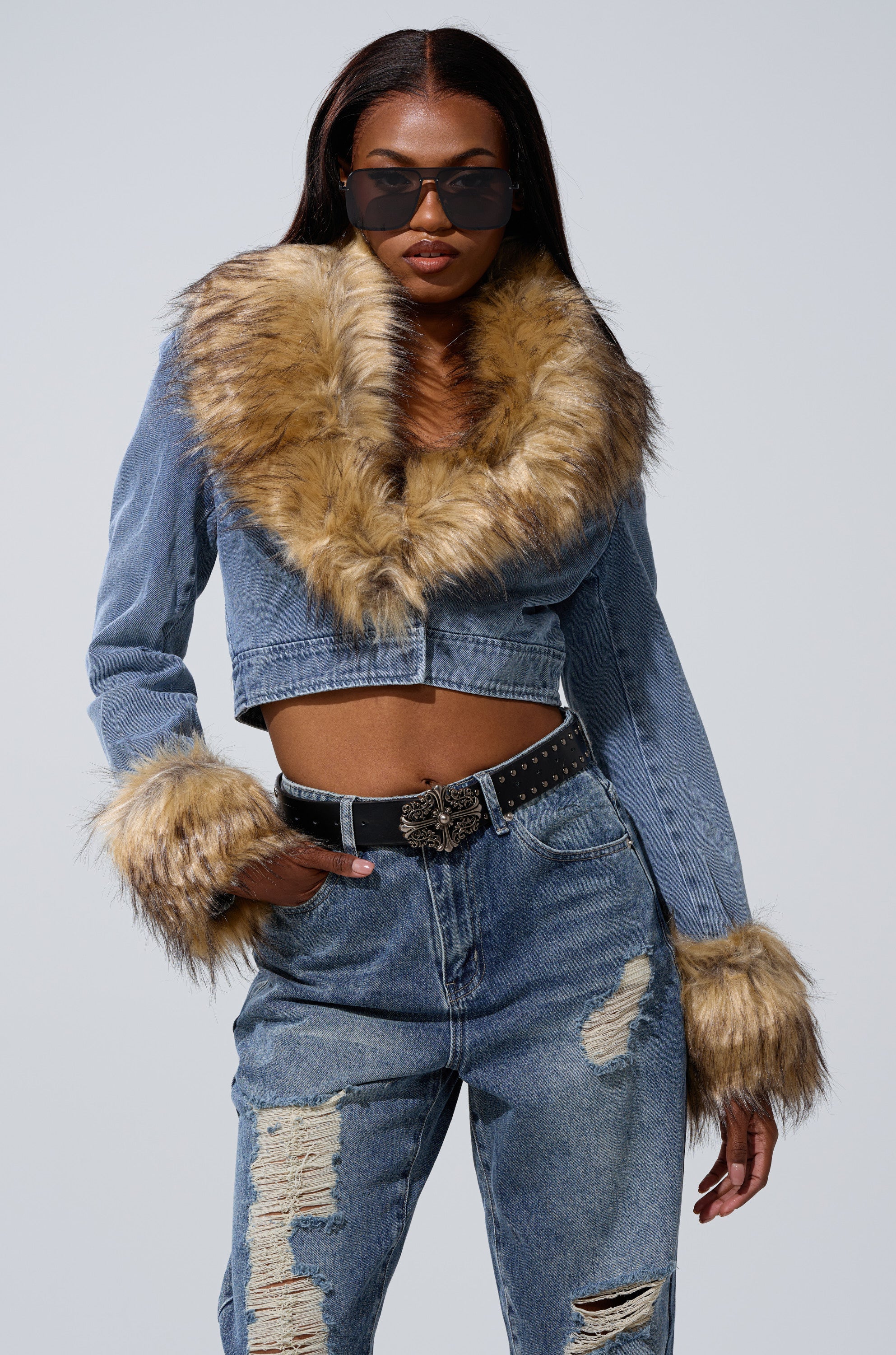 NEW GISELE CROPPED FUR TRIM JACKET