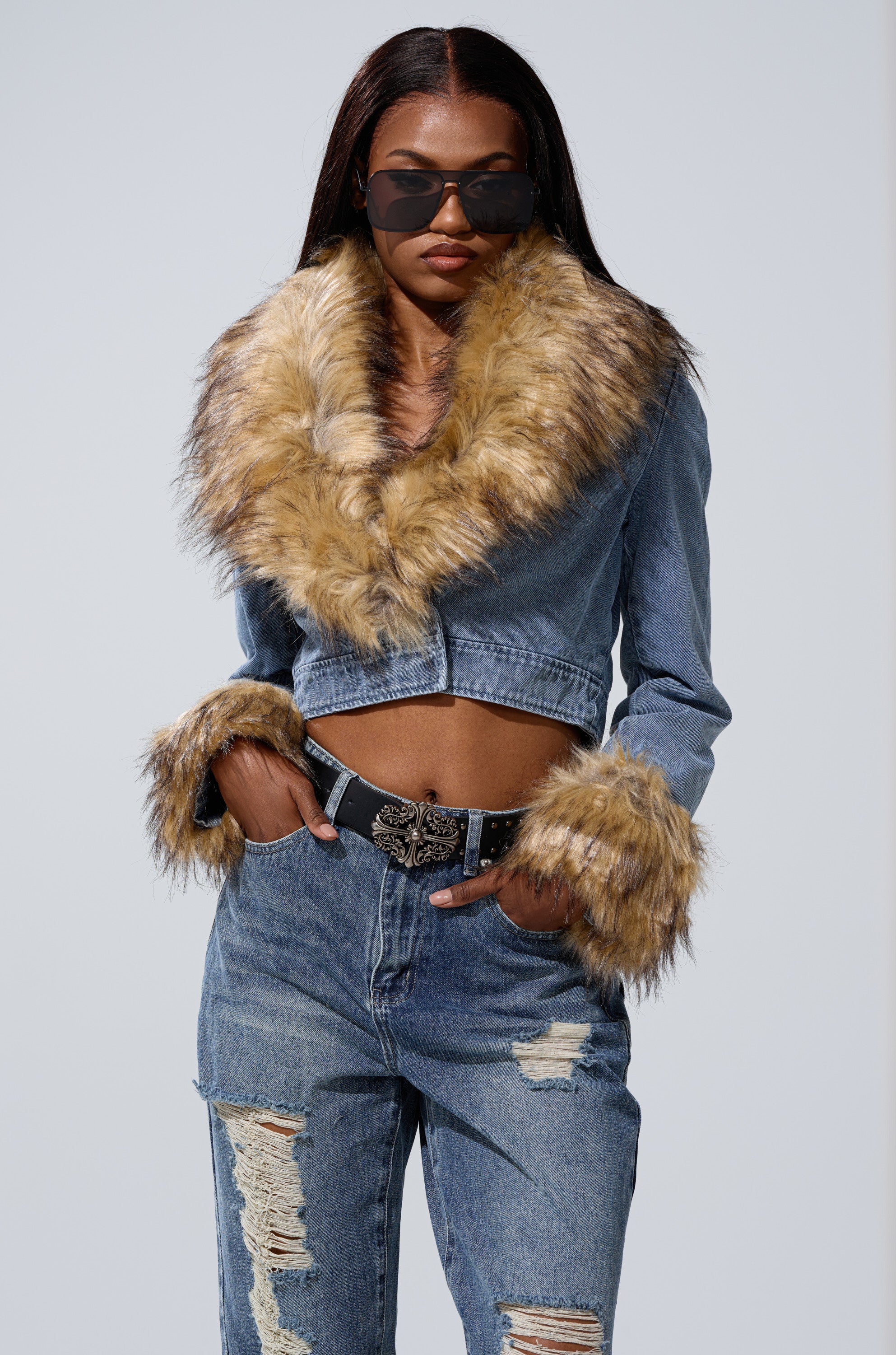 NEW GISELE CROPPED FUR TRIM JACKET