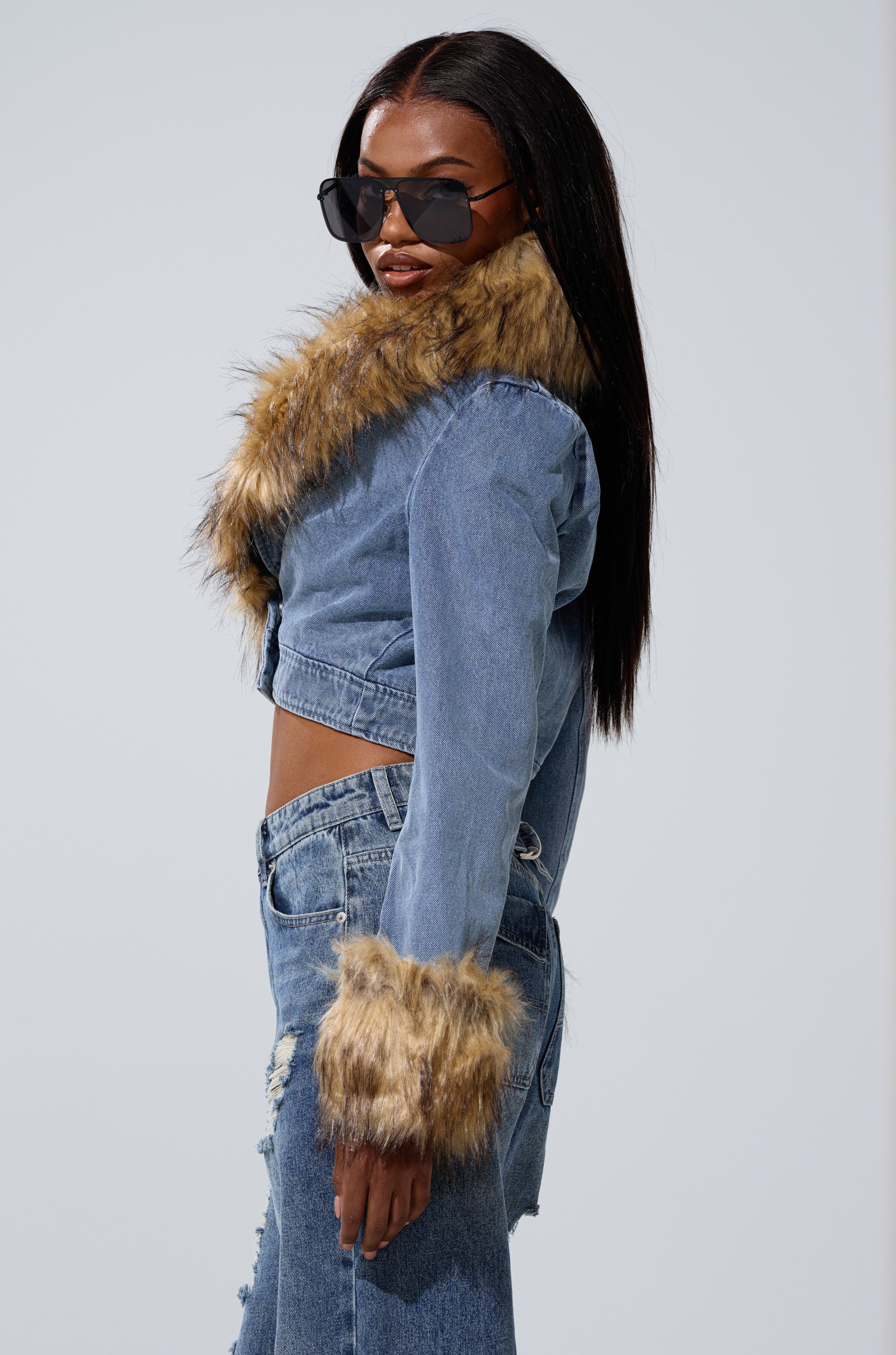 NEW GISELE CROPPED FUR TRIM JACKET