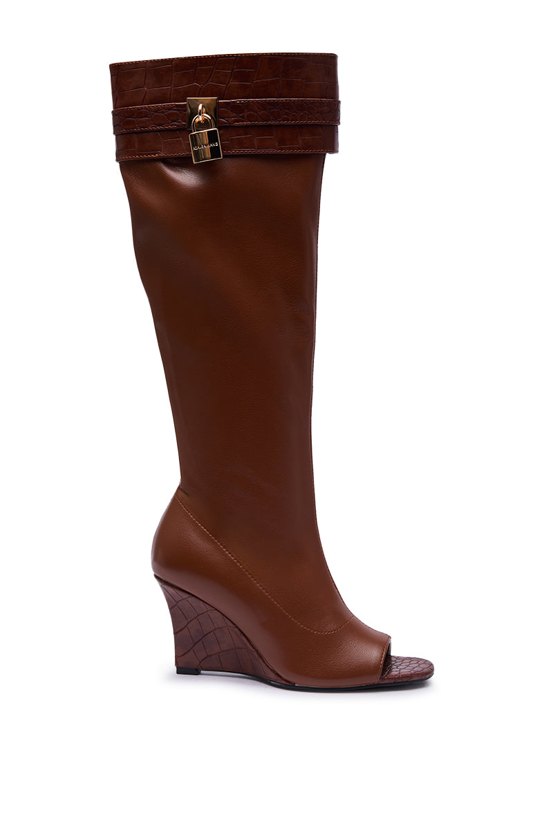 AZALEA WANG GLENNA COGNAC STRETCH PU WEDGE BOOT