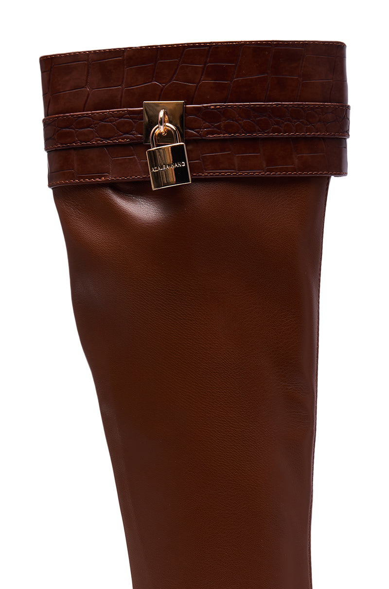 AZALEA WANG GLENNA COGNAC STRETCH PU WEDGE BOOT