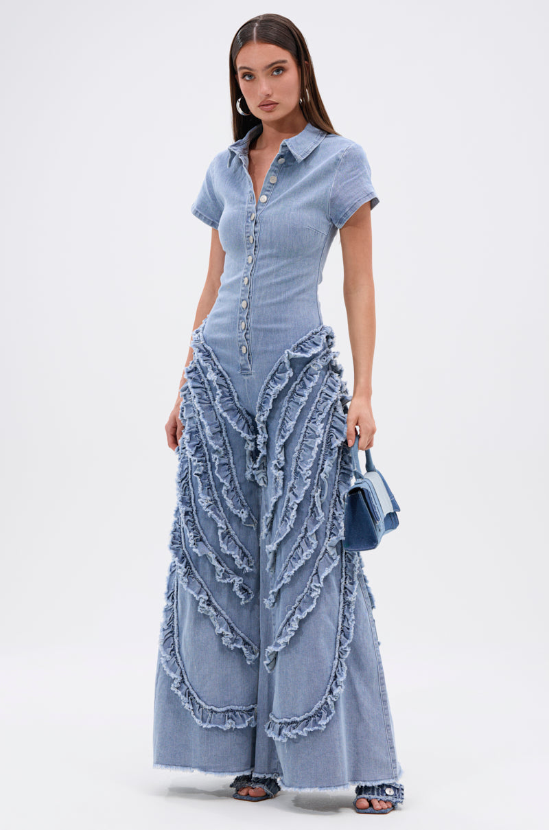 LEAVE IT RUFFLED JUMPSUIT IN DENIM