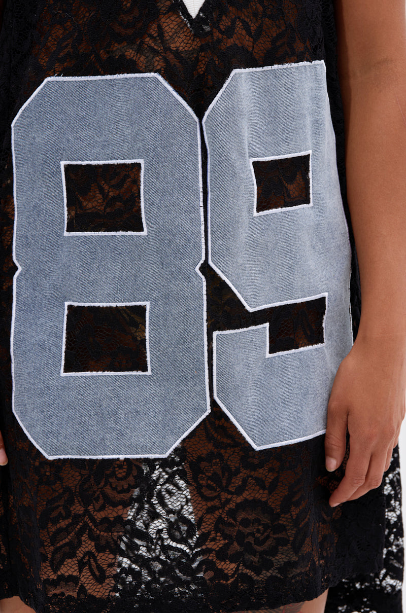 ON THE SIDELINES LACE JERSEY MINI DRESS WITH DENIM