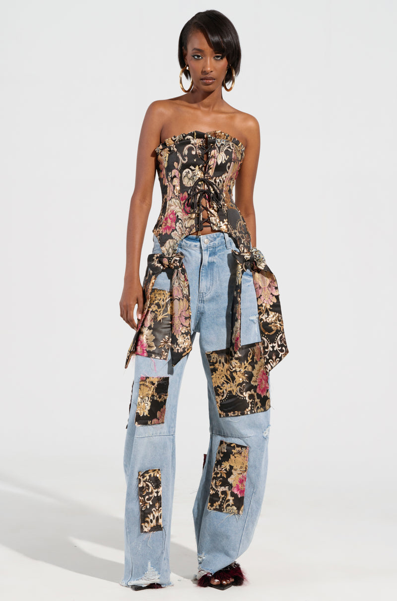 QUEENDOM BROCADE PATCH RELAXED DENIM