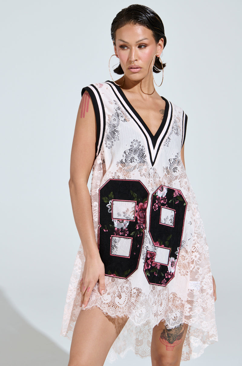 ON THE SIDELINES LACE JERSEY MINI DRESS IN PINK