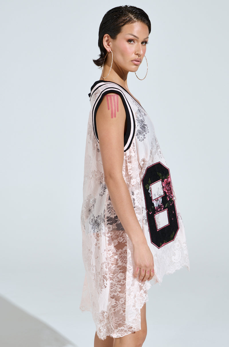 ON THE SIDELINES LACE JERSEY MINI DRESS IN PINK