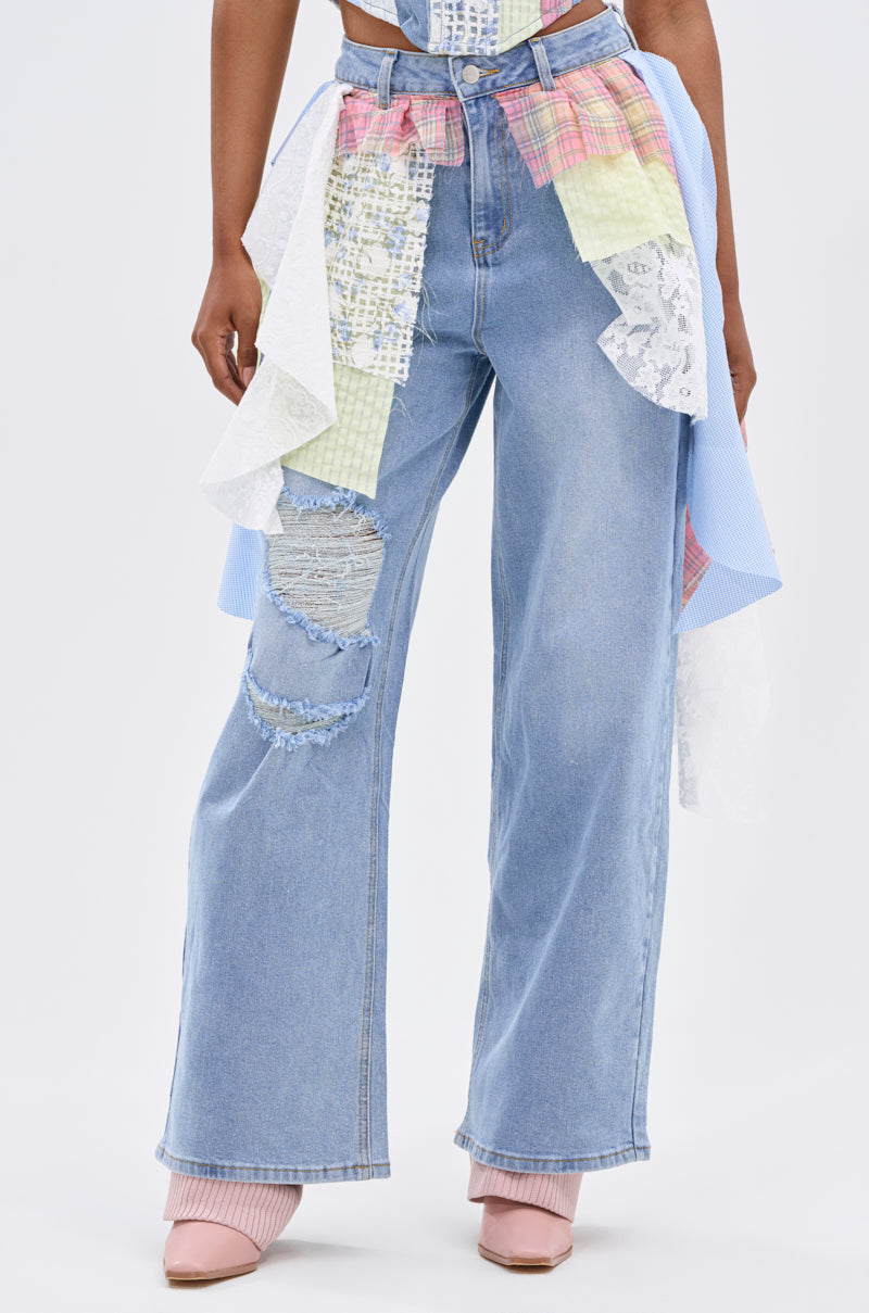 LET THE FUN BEGIN DENIM PANT WITH PLAID DETAILS