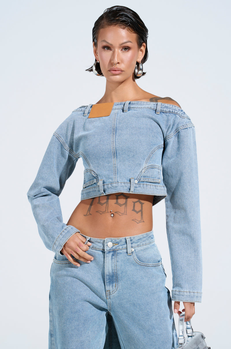 SHAKE IT OFF DENIM OFF THE SHOULDER TOP
