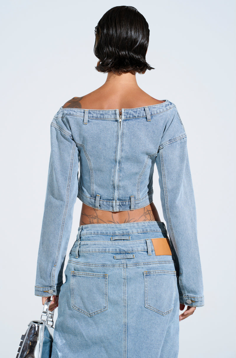 SHAKE IT OFF DENIM OFF THE SHOULDER TOP