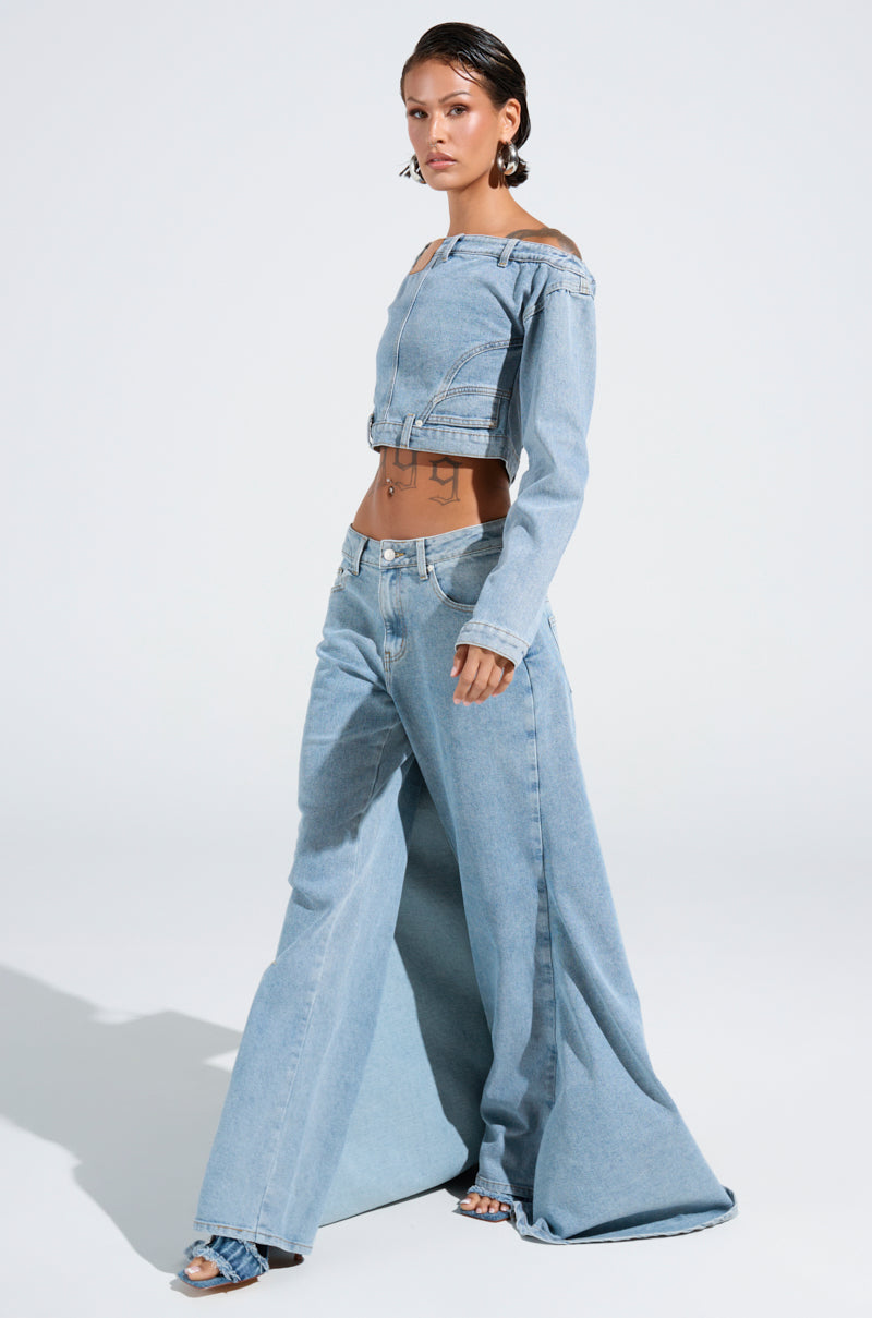 SHAKE IT OFF DENIM OFF THE SHOULDER TOP