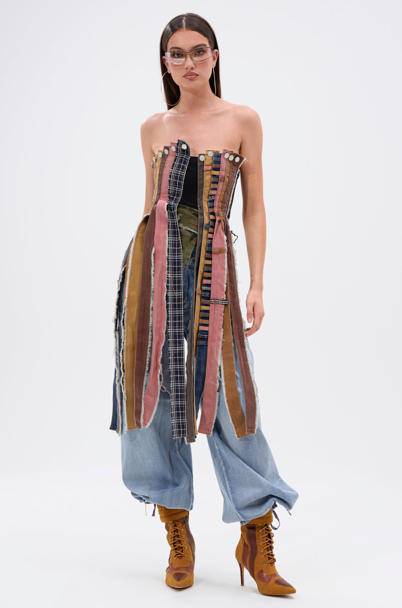 A LOT GOING ON DENIM TOP