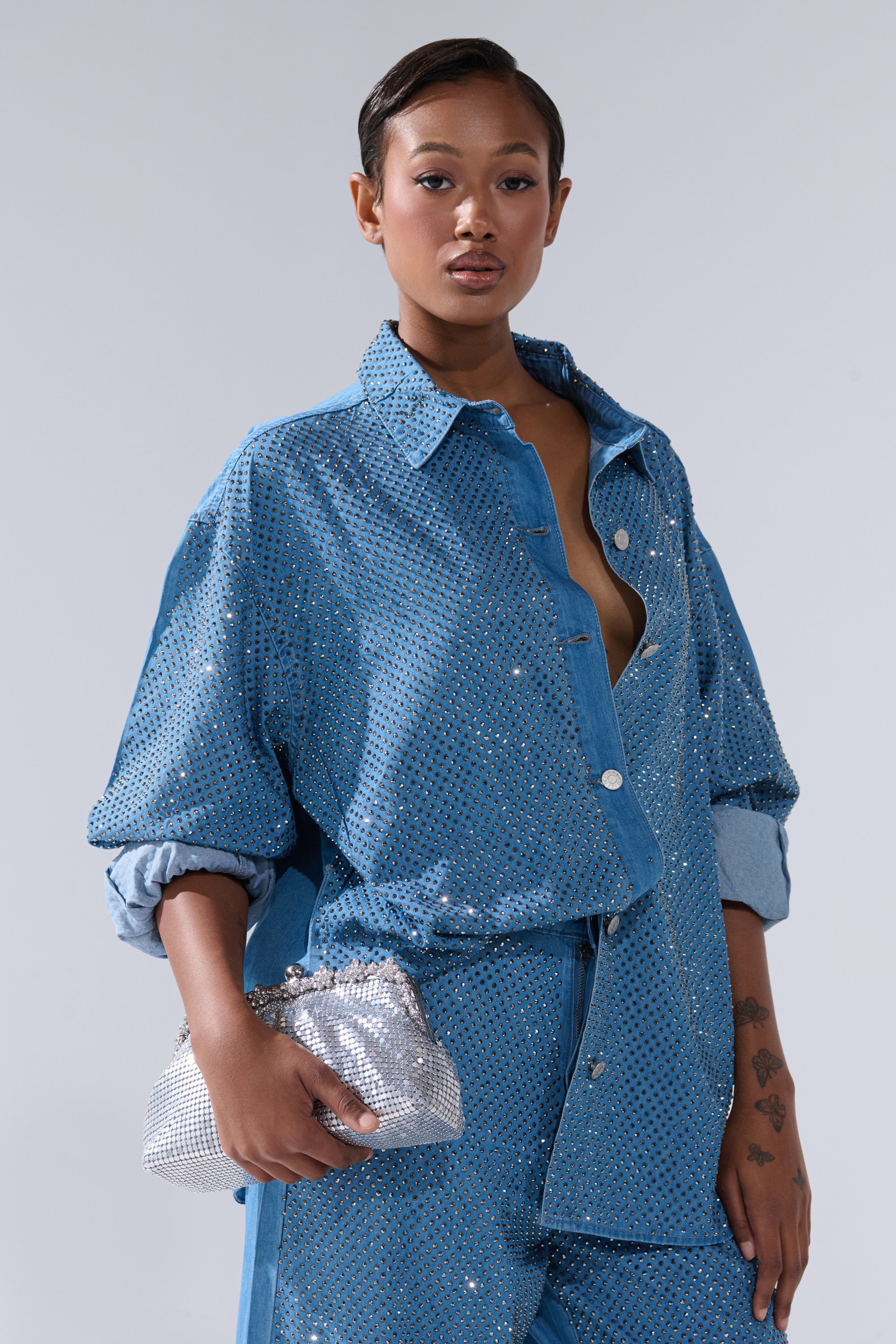 BLING BLING DENIM BUTTON DOWN TOP