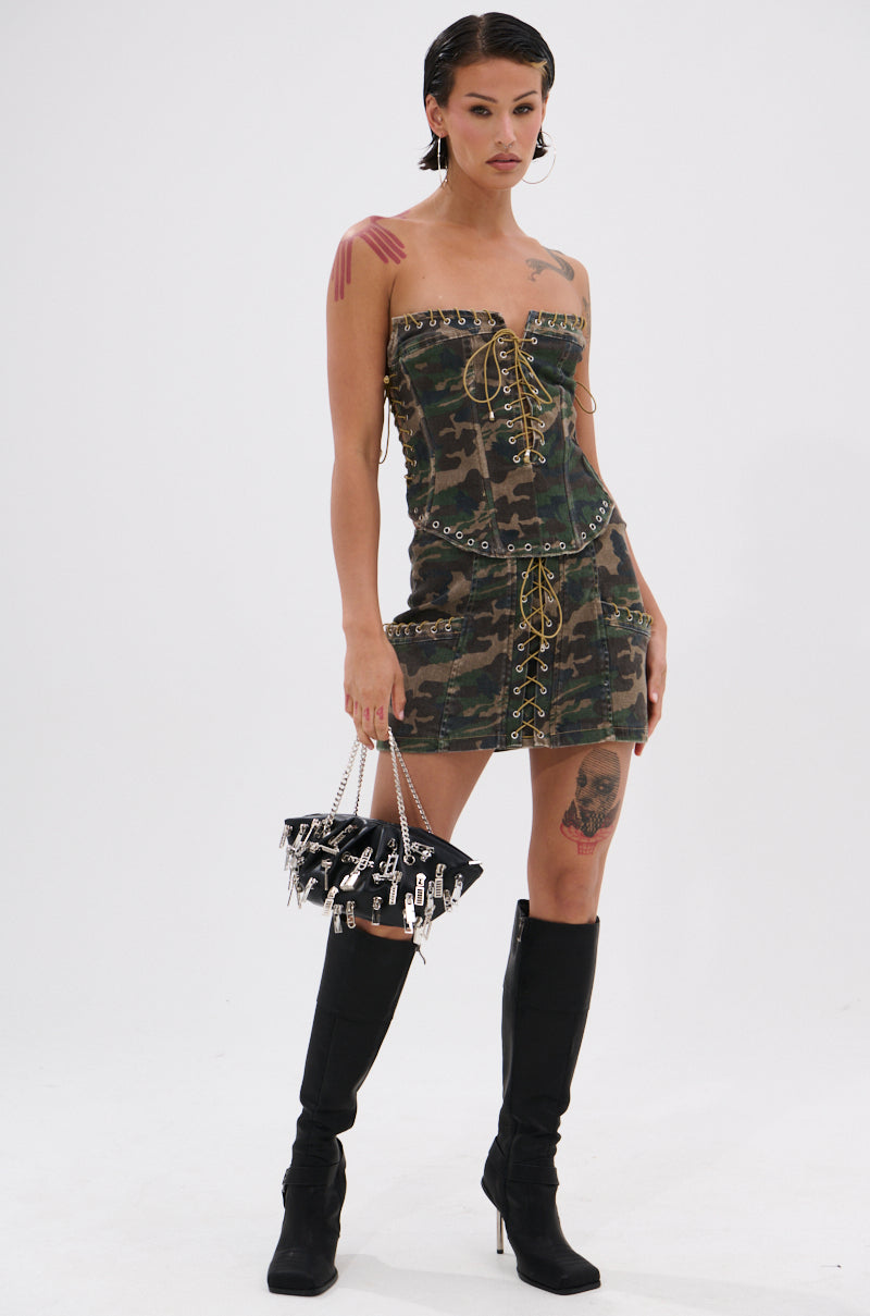 DOWN AND DIRTY CAMO MINI SKIRT
