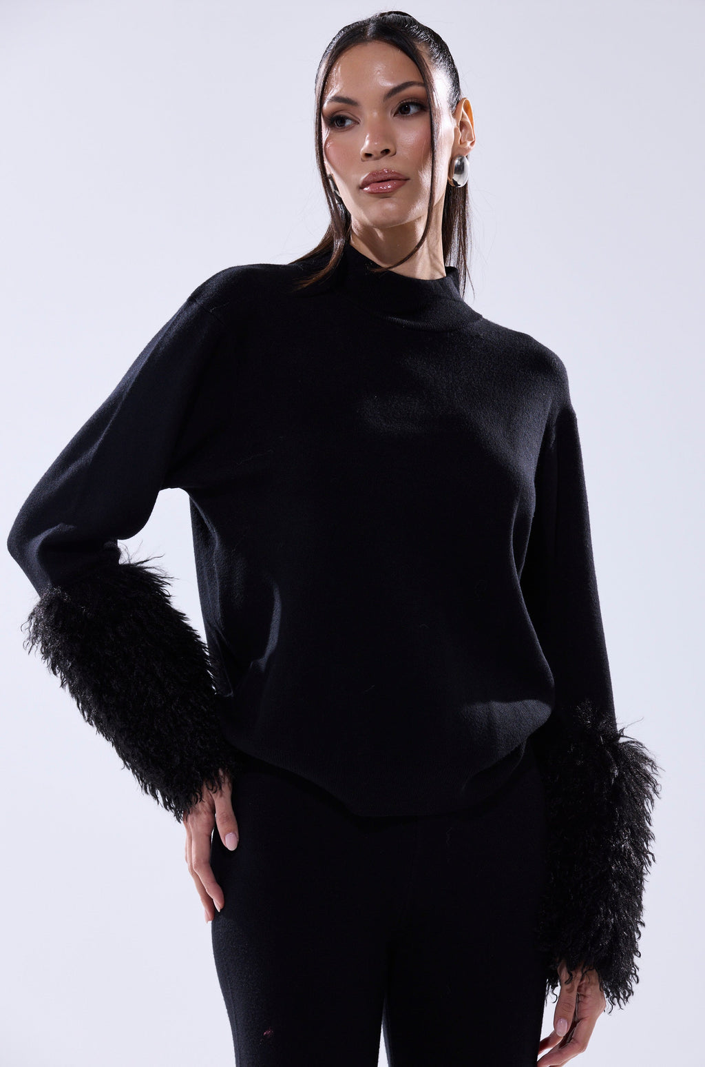 COZY VIBES SWEATER WITH FUR CUFF IN BLACK
