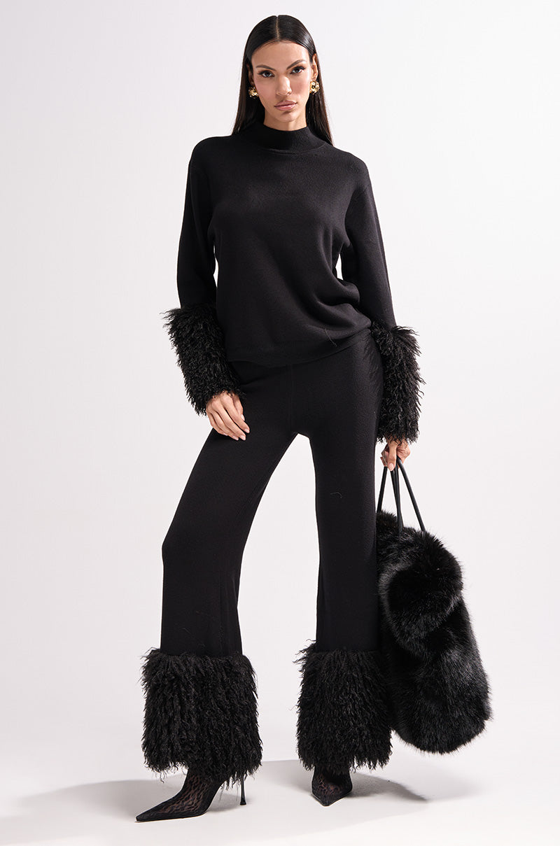 COZY VIBES SWEATER WITH FUR CUFF IN BLACK